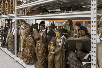 France, Saone et Loire, Autun, Director of Museums and Heritage Agathe Mathiaut-Legros with Assistant Curator Axelle Goupy in the Rolin Museum reserves