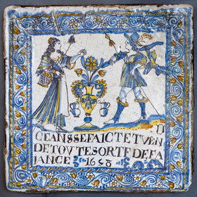 France, Nièvre, Nevers, Museum of Earthenware (musée de la Faïence) and Fine Arts, Decor a compendiario sign plate with the inscription Ceans se fait et vend de toutes petites de faiance (1658)