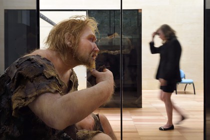 France, Dordogne (24), Périgord Noir, vallée de la Vézère, Les Eyzies-de-Tayac-Sireuil, site classé Patrimoine Mondial de l'UNESCO, Musée National de la Préhistoire, proposition de reconstitution de l'Homme de Néandertal provenant du site archéologique de Ferrassie