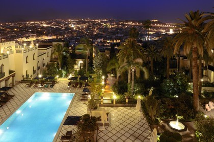 Morocco, Middle Atlas, Fez, Imperial City, Sofitel Palais Jamai Hotel with a view of the whole city