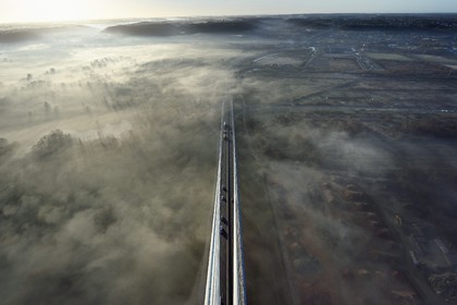 France, between  Calvados and Seine Maritime, the Pont de Normandie (Normandy Bridge) at dawn, south access viaduct and Rivière-Saint-Sauveur viewed from the South Pylon