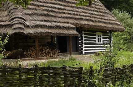 Pologne, Précarpates, parc ethnographique de Sanok (écomusée), ferme en bois de 1892 de la région de Pogorzanie Wschodni, classée Patrimoine Mondial de l'UNESCO