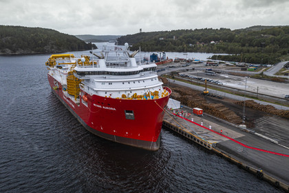 Norway, Ostfold County, Halden, Nexans Aurora cable-laying vessel, vessel for laying electric cables, connecting and repairing these cables (aerial view)