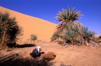 Libya, region of the desert, the Fezzan (Sahara), Tuareg at the edge of a well of the small oasis of Takioumet