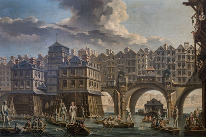 France, Paris, Marais district, Carnavalet Museum, painting of The Joust of the Mariners between the Pont Notre-Dame and the Pont au Change in Paris by Nicolas-Jean-Baptiste Raguenet (1756) (detail)