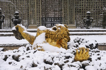 France, Yvelines, snow covered park of the Chateau de Versailles, listed as World Heritage by UNESCO, Bosquet de l'Encelade (Encelade Grove) by Marsy