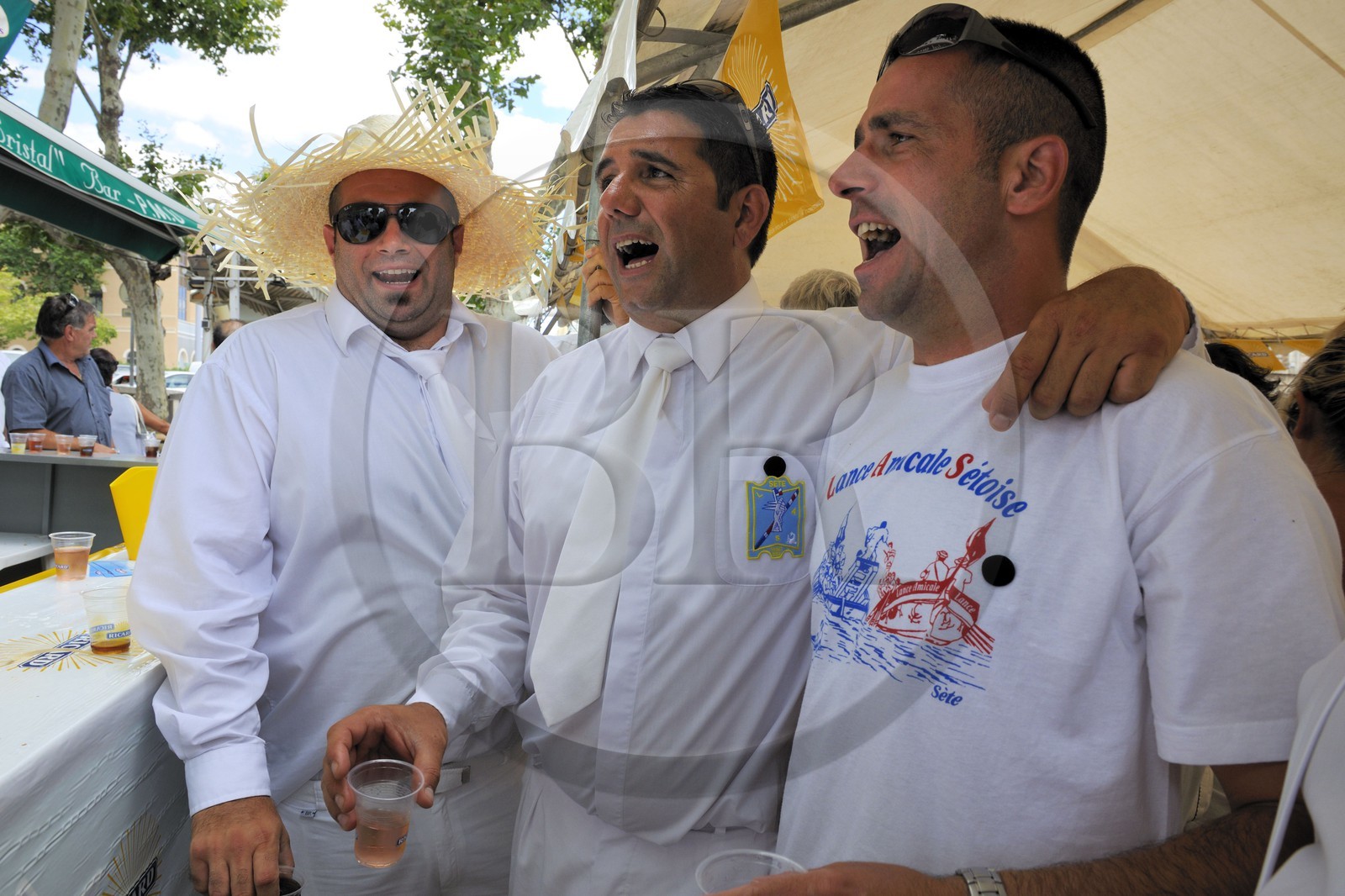 France, Hérault (34), Sète, fête de la Saint Louis, jouteurs au banquet qui précède le tournoi