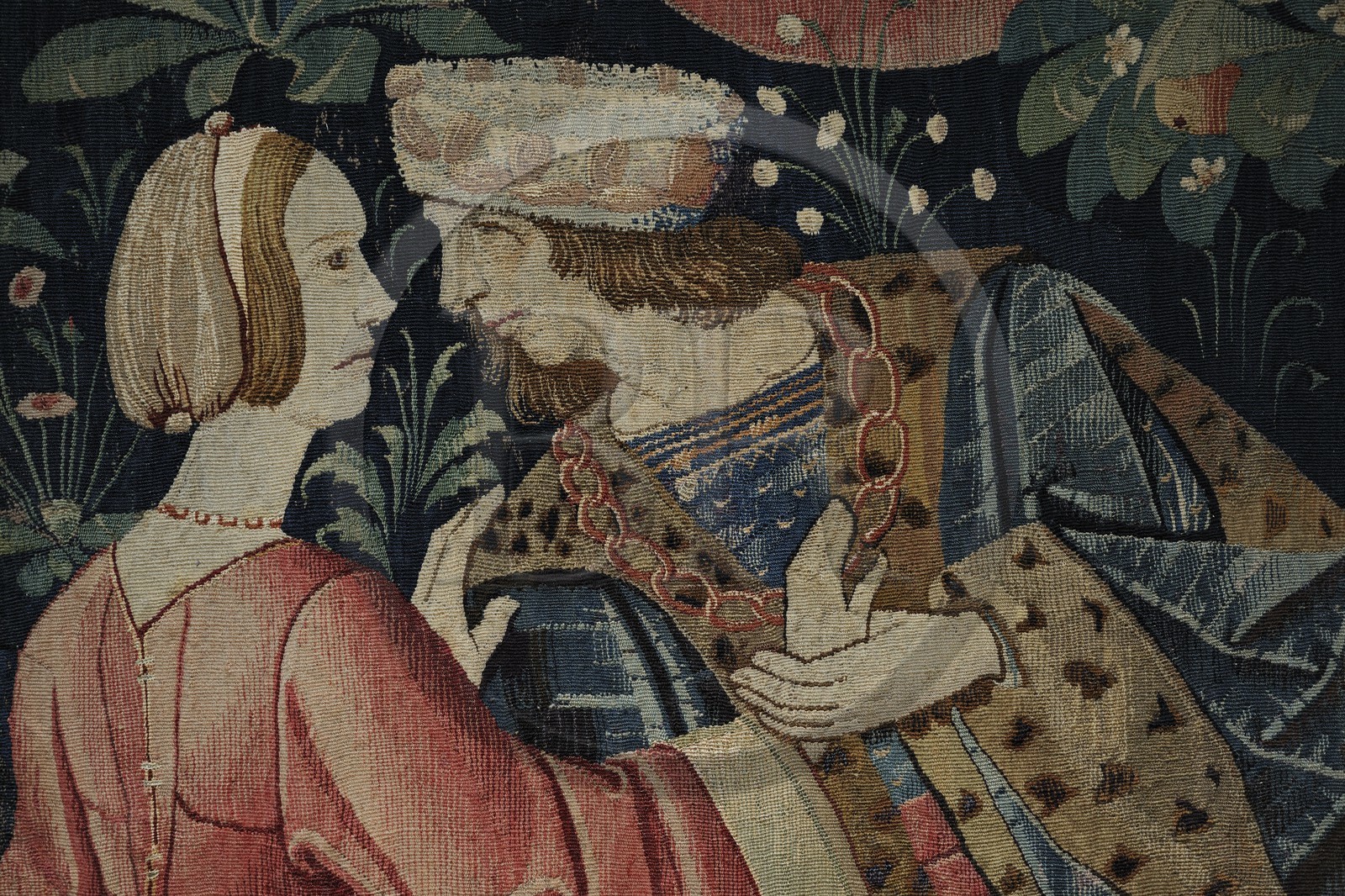 France, Paris (75), musée du Moyen-Age, ancien hôtel de Cluny, tapisserie de la vie seigneuriale du début 16ème siècle, scène galante