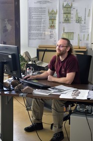 France, Bas Rhin, Strasbourg, old town listed as World Heritage by UNESCO, workshops of the Oeuvre Notre-Dame Foundation, design office, Aymeric Zabollone stonemason and researcher uses photogrammetry to prepare the next conservation-restoration project of the cathedral