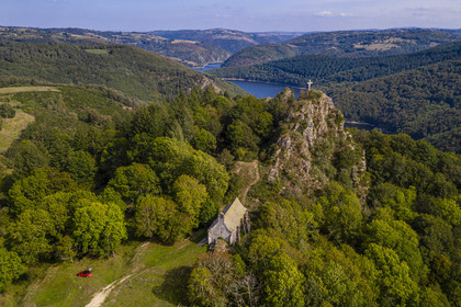 France, Cantal, Paulhenc, the Gorges de la Truyere (Truyere river canyon), the Rocher de Turlande, Romanesque castral chapel of the castle destroyed during the Hundred Years War in which was born Robert de Turlande, founder of the Abbey of La Chaise Dieu (aerial view)