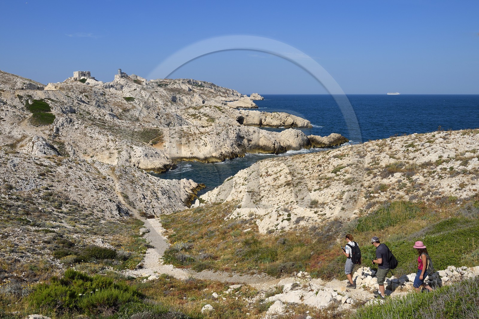 France, Bouches-du-Rhône (13), Marseille, Parc National des Calanques, Archipel des Iles du Frioul, Ile de Pomègues, randonneurs sur un sentier et la tour de Pomeguet construite en 1860 en arrière plan