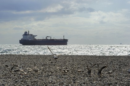 France, Seine Maritime, Le Havre, cargo leaving the port seen from the city beach