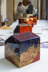 France, Hauts-de-Seine, Colombes, work of the french artist and lacquerer Isabelle Emmerique in her studio