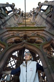 France, Bas Rhin, Strasbourg, old town listed as World Heritage by UNESCO, Notre Dame Cathedral, view of the arrow from the top of the octagonal tower, Sabine Bengel, art historian at Oeuvre Notre Dame