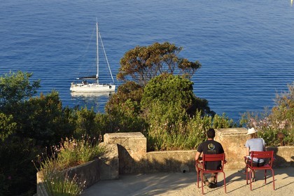 France, Var, Le Rayol Canadel sur Mer, Domaine du Rayol, Conservatoire du Littoral Estate compulsory mention, Jardin des Mediterranees designed by landscaper Gilles Clément, terrace on the sea