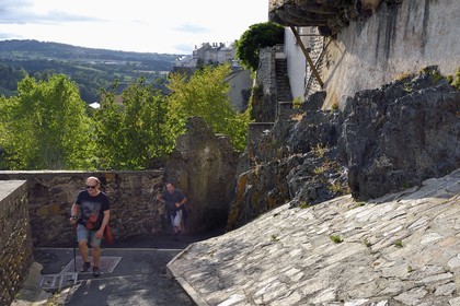 France, Cantal, Saint Flour, access to the upper town by the Main de Saint-Flour, legend of the passage between the rocks of Florus