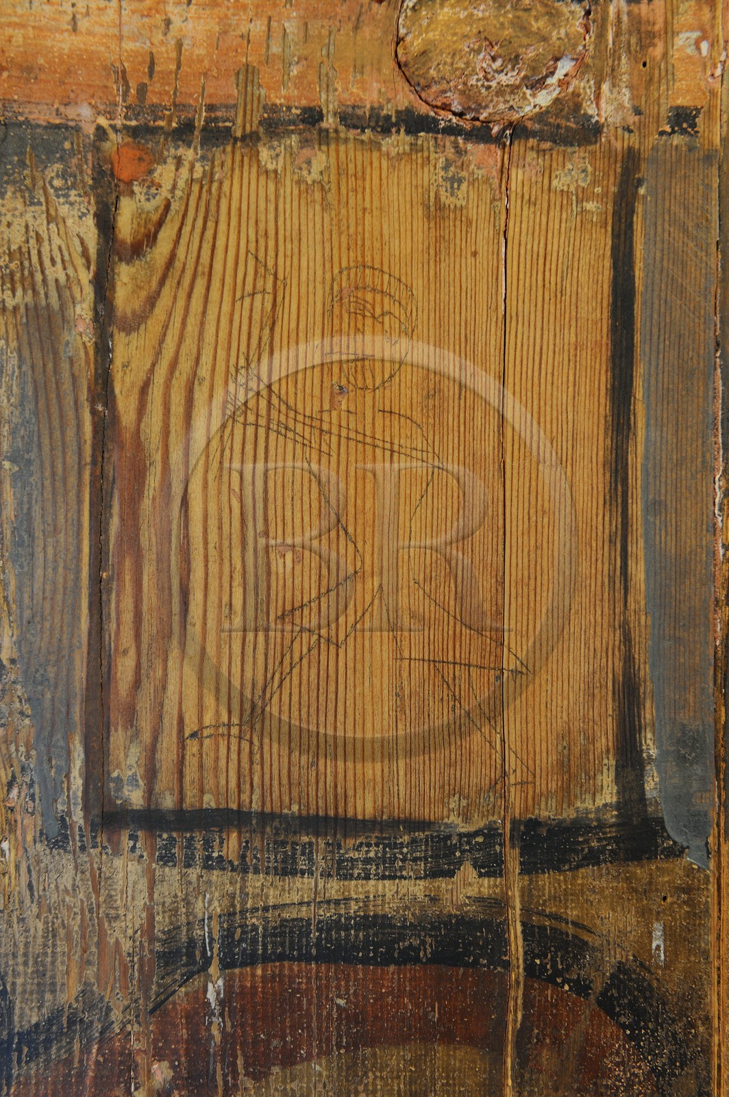 Norvège, Laerdal, Undredal sur le fjord d'Aurland, église en bois debout (stavkirke) de 1147, graffity représentant un viking du 11ème siècle