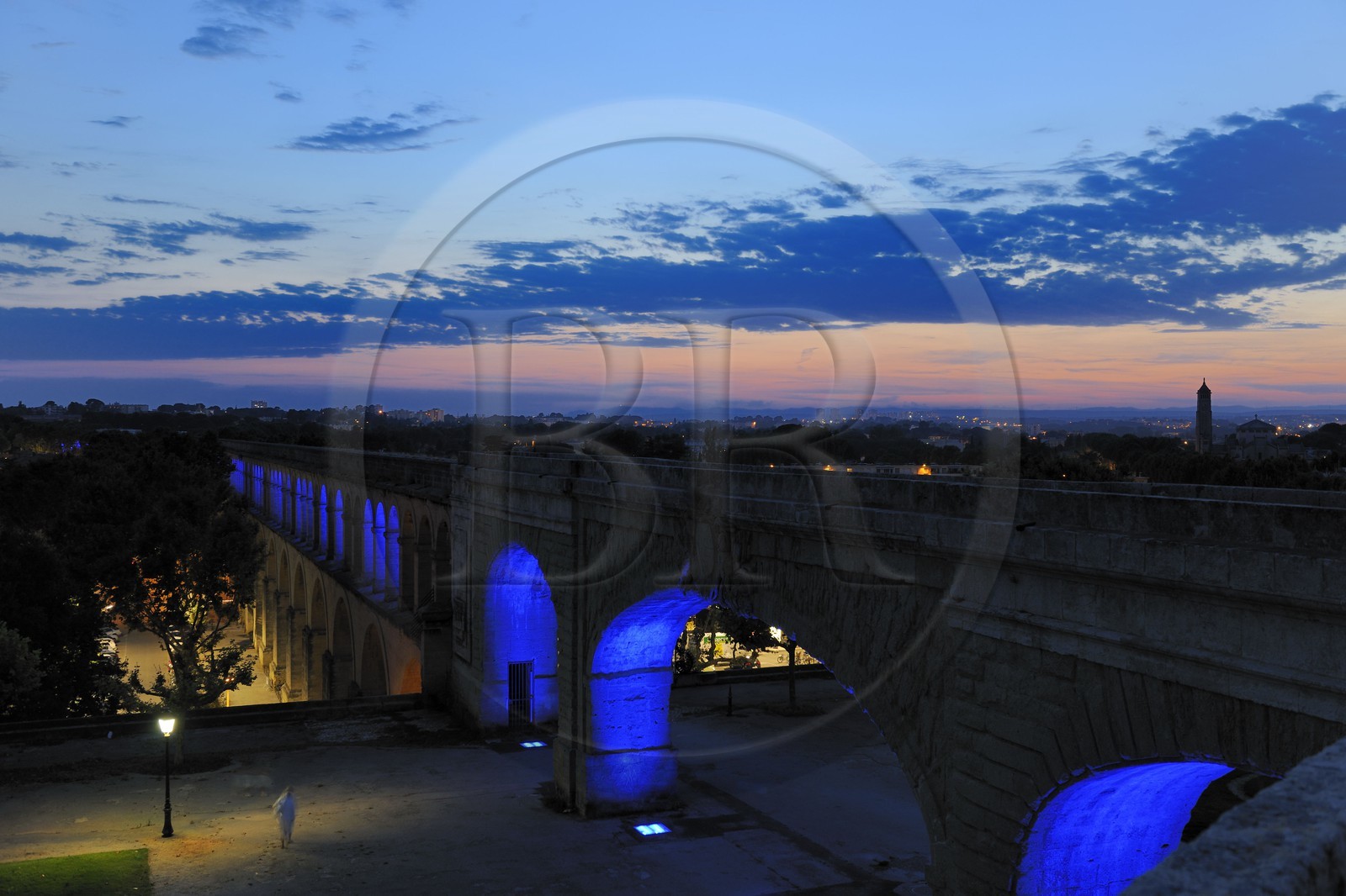France, Herault, Montpellier, Saint Clement Aqueduct, lightinings of the artist Yann Kersale