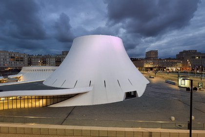 France, Seine Maritime, Le Havre, Downtown rebuilt by Auguste Perret listed as World Heritage by UNESCO, the cultural center called Volcano created by Oscar Niemeyer