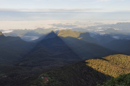 Sri Lanka, center province, Dalhousie, sunrise on Adam's peak, triangle shadow of the peak reflects on the morning haze