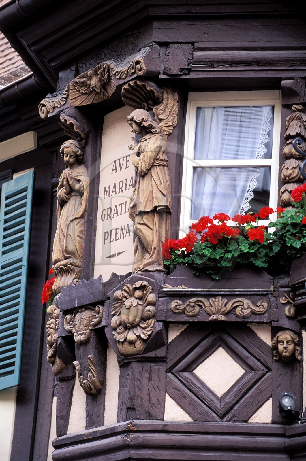 France, Haut-Rhin (68), Ribeauvillé, la maison Pfifferhus, maison à colombage et poutres sculptés