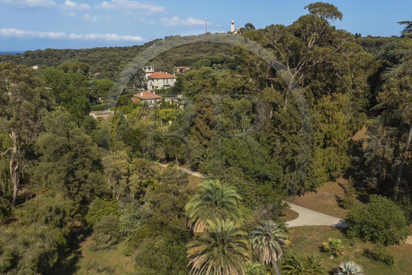 France, Alpes-Maritimes (06), Antibes, Le Jardin Botanique de la Villa Thuret (rattachée à l'INRAE), labellisé Jardin Remarquable et Arbre Remarquable, et le phare de la Garoupe en arrière plan (vue aérienne)