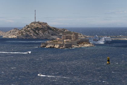 France, Bouches du Rhone, Marseille, Calanques National Park, archipelago of Frioul islands, Algerie Ferries Ferry and the Chateau d'If in the foreground