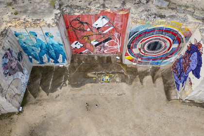 France, Cote d'Or, Villars Fontaine, La Karriere, street art frescoes in a former Burgundy stone quarry (aerial view)