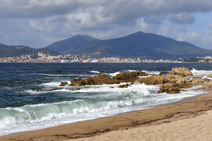 France, Corse du Sud, Gulf of Ajaccio, Capitello beach at the mouth of the Casavone pond and Ajaccio in the background