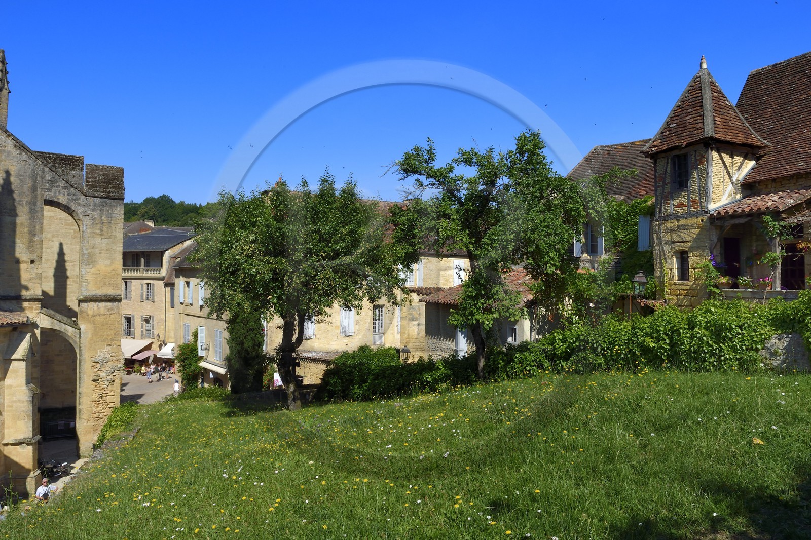France, Dordogne (24), Périgord Noir, vallée de la Dordogne, Sarlat-la-Canéda, à droite vieille maison au pigeonnier dans la rue Montaigne