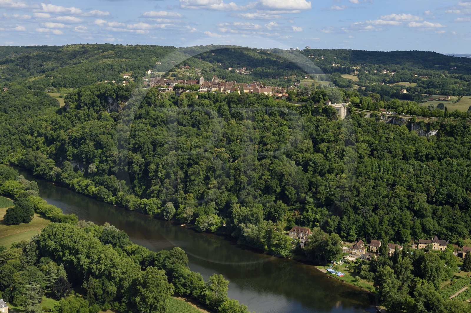 France, Dordogne, Perigord Noir, Dordogne Valley, Domme, labelled Les Plus Beaux Villages de France (The Most Beautiful Villages of France) (aerial view)