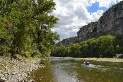 France, Ardeche, Ruoms, kayaks going down the Ardeche River in the Ruoms to Pradons Narrow Pass