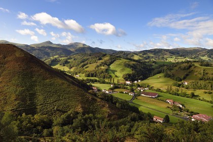 France, Pyrenees Atlantiques, Basque Country, Aldudes valley Pierre Oteiza breeding of Basque black pigs down on the right and Mount Ahadi in the background left