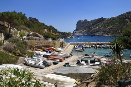 France, Bouches du Rhone, Marseille, National Park of the Calanques, Calanque de Sormiou, Calanque de Sormiou (cove), small harbour (request for authorization necessary before publication)