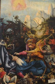 France, Haut-Rhin (68), Colmar, le musée Unterlinden, retable d'Issenheim attribué à Grünewald, panneau retraçant la Vie de saint Antoine par Saint Athanase et qui illustre l’assaut des démons et le cri de détresse de saint Antoine