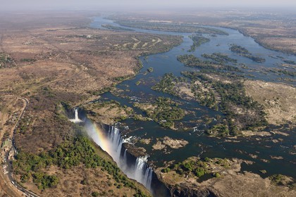 Zimbabwe, Matabeleland North Province,  Zambesi River, the Victoria Falls, listed as World Heritage by UNESCO (aerial view)
