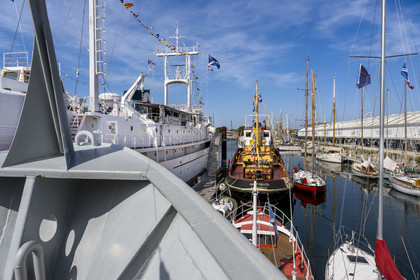 France, Charente Maritime, La Rochelle, the Basin of the great yachts, Maritime Museum, on the right the Frigate France I, flagship of the museum