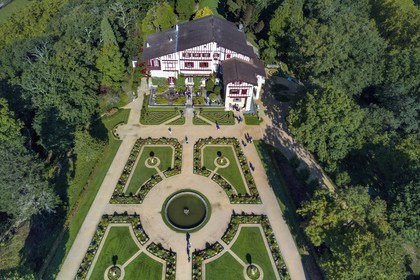 France, Pyrenees Atlantiques, Basque Country, Cambo les Bains, the Villa Arnaga and its French-style garden, the French author Edmond Rostand's house of neo-basque style and museum (aerial view)