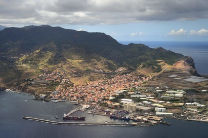 Portugal, Madeira Island, town and port of Caniçal towards the Ponta de Sao Lourenço in the far east of the island (aerial view)