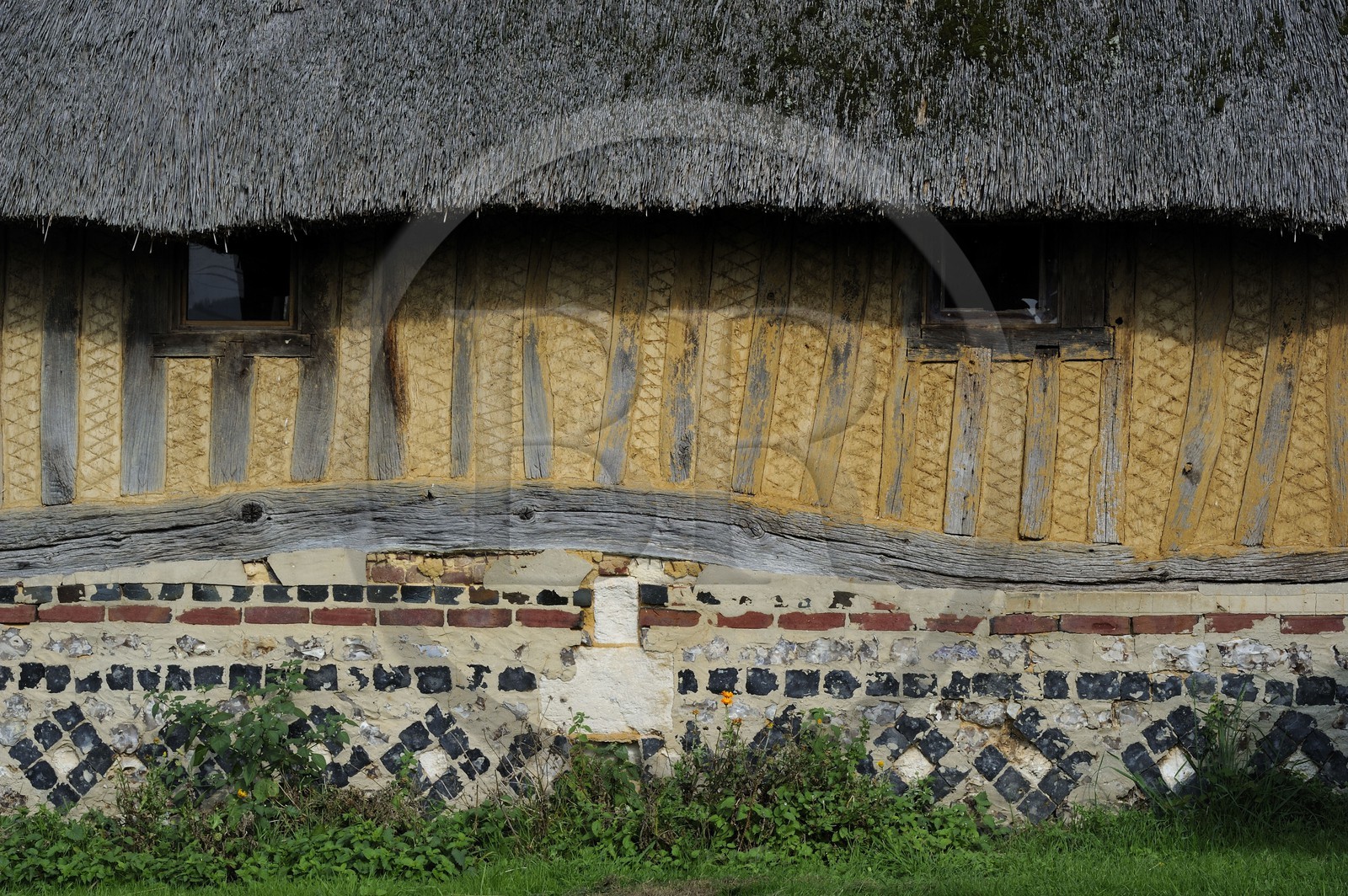 France, Eure (27), Marais-Vernier, la Grande Mare, maison traditionnelle à colombage et à toit de chaume, détail de la facade