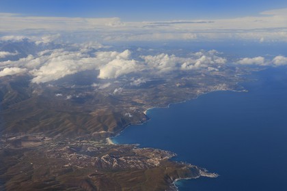 France, Haute Corse, the coast of Balagne from the Agriates desert and the Ostriconi beach to the L'Ile Rousse peninsula (aerial view)