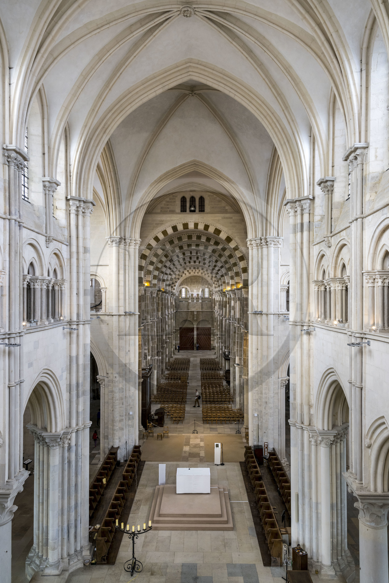 France, Yonne, regional natural park of Morvan, Vézelay, a UNESCO World Heritage site, labelled Les Plus Beaux Villages de France, starting point of one of the main ways to Santiago de Compostela, the Basilica of Saint Mary Magdalene, the nave seen from the choir galleries