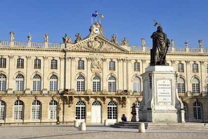 France, Meurthe-et-Moselle, Nancy, Place Stanislas (former Place Royale) built by Stanislas Leszczynski (represented by the statue) in the 18th century, listed as World Heritage by UNESCO, the City Hall