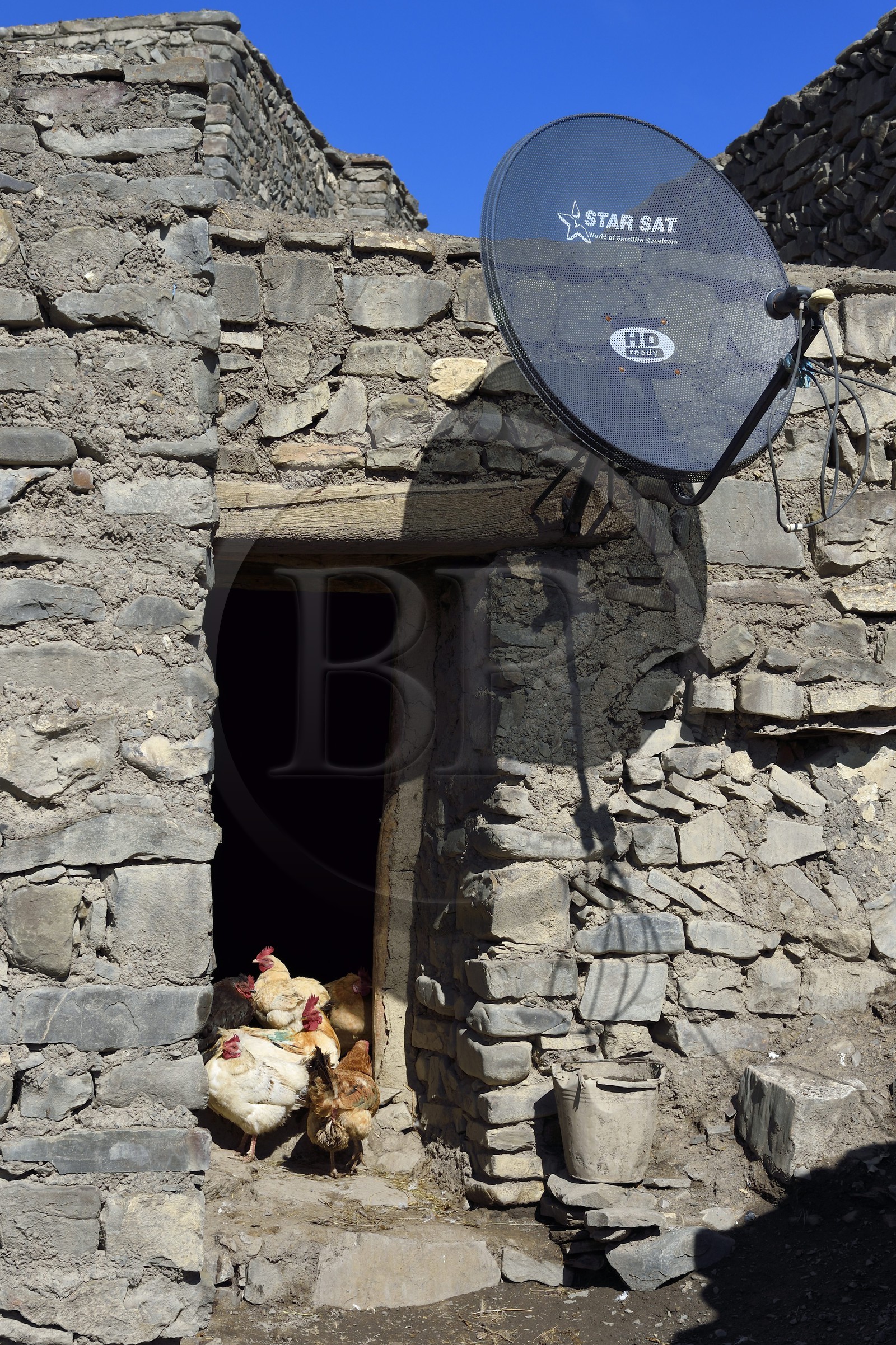 Azerbaïdjan, région de Quba (Guba), chaine de montagne du Grand Caucase, village de Khinalug (Xinaliq), poulailler et antenne satellite