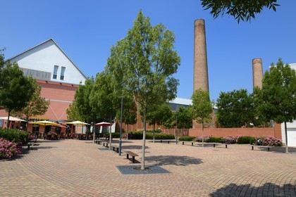 France, Haut Rhin, Mulhouse, the Fabrique and brick chimneys of former industrial buildings in the Mer Rouge (Red Sea) neighborhood