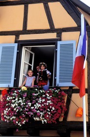 France, Haut Rhin, Eguisheim village, labelled Les Plus Beaux Villages de France (The Most Beautiful Villages of France), wine celebration, spectators