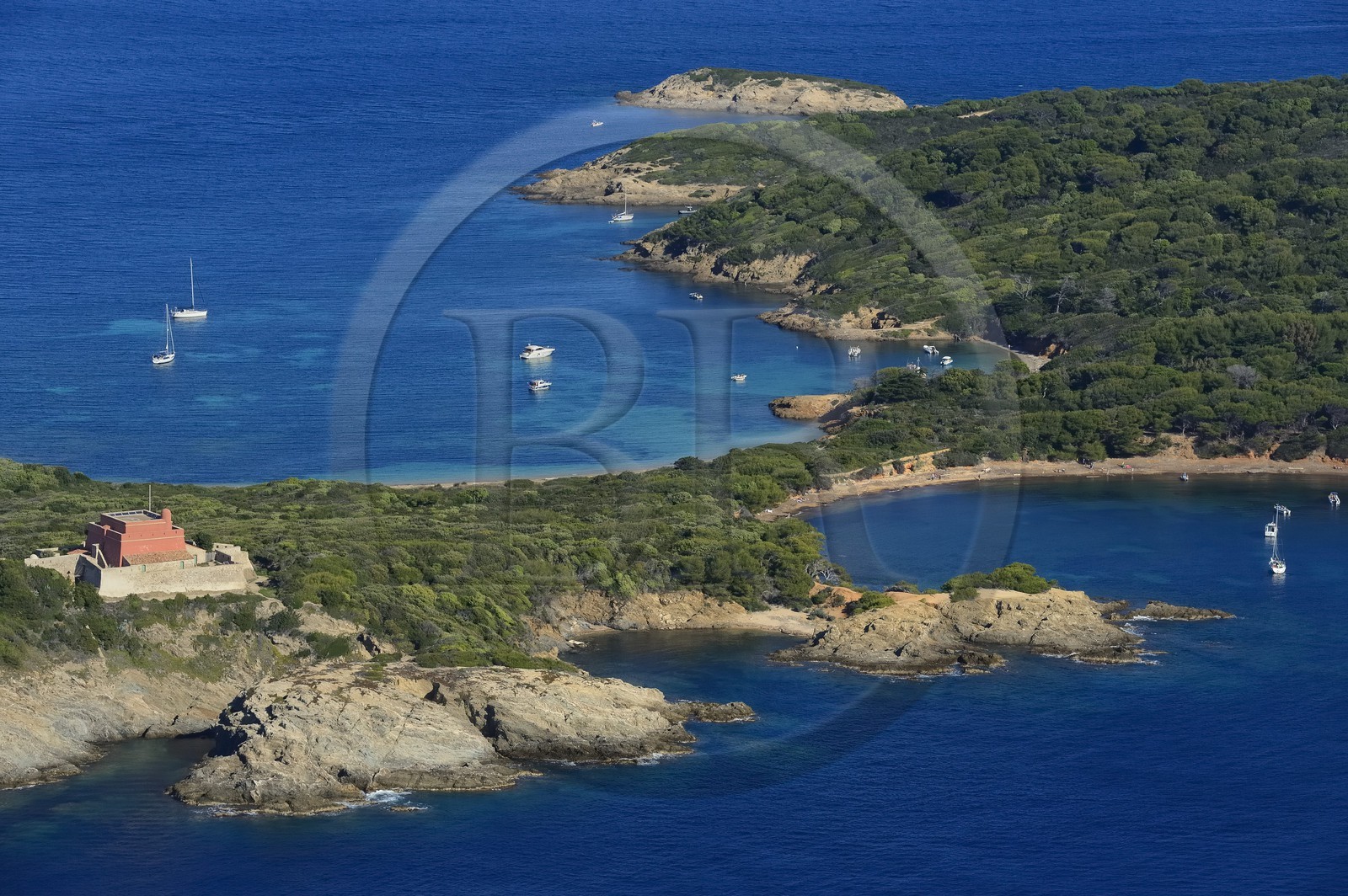 France, Var, Iles d'Hyeres, Parc National de Port Cros (National park of Port Cros), Porquerolles island, the Grand Langoustier Fort left and the Mas du Langoustier cove right (aerial view)