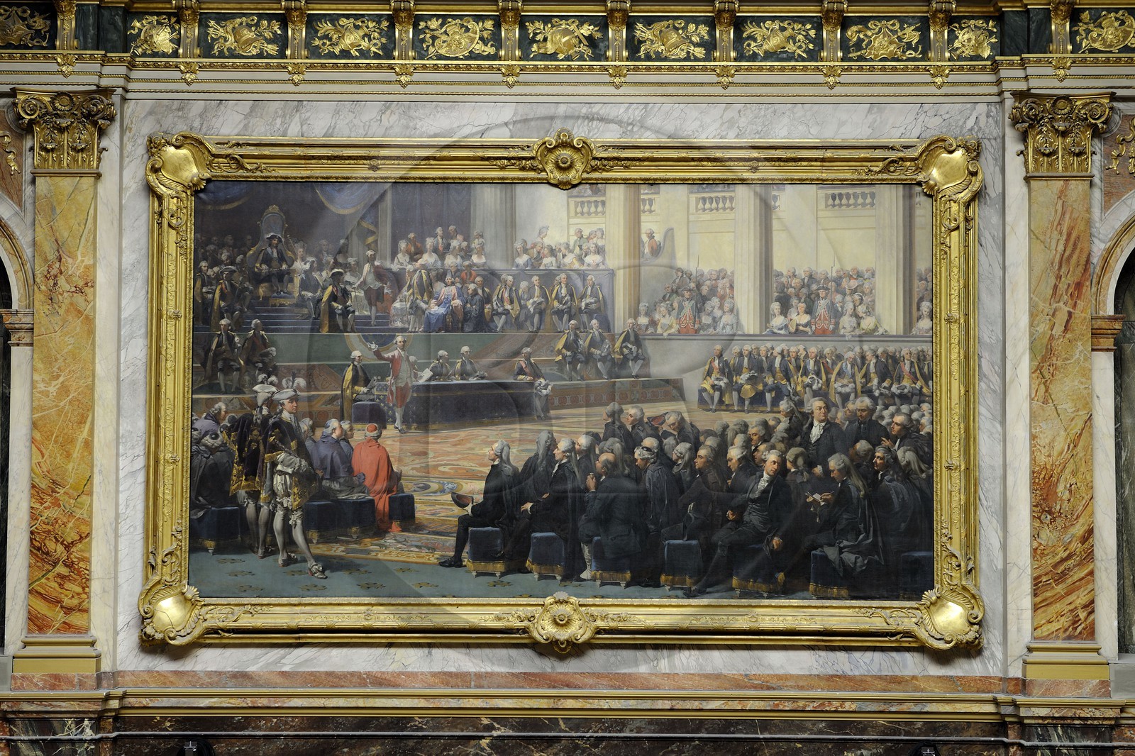 France, Yvelines (78), château de Versailles, classé Patrimoine Mondial de l'UNESCO, aile du Midi, hémicycle du congrès du parlement, tableau (copie de Bassot en 1893 d'après Couder) illustrant la séance d'ouverture des Etats généraux dans la salle des Menus Plaisirs à Versailles, le 5 mai 1789 avec les trois ordres réunis, écoutant le discours de Necker, Ministre des Finances de Louis XVI