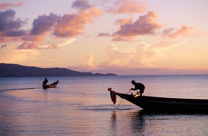 Thailand, Samui islands archipelago, Koh Pha-Ngan island, taxi bat on sunset