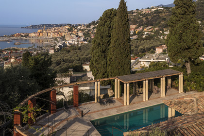 France, Alpes-Maritimes, Menton, Domaine des Colombieres, view of the city from the estate (aerial view)
